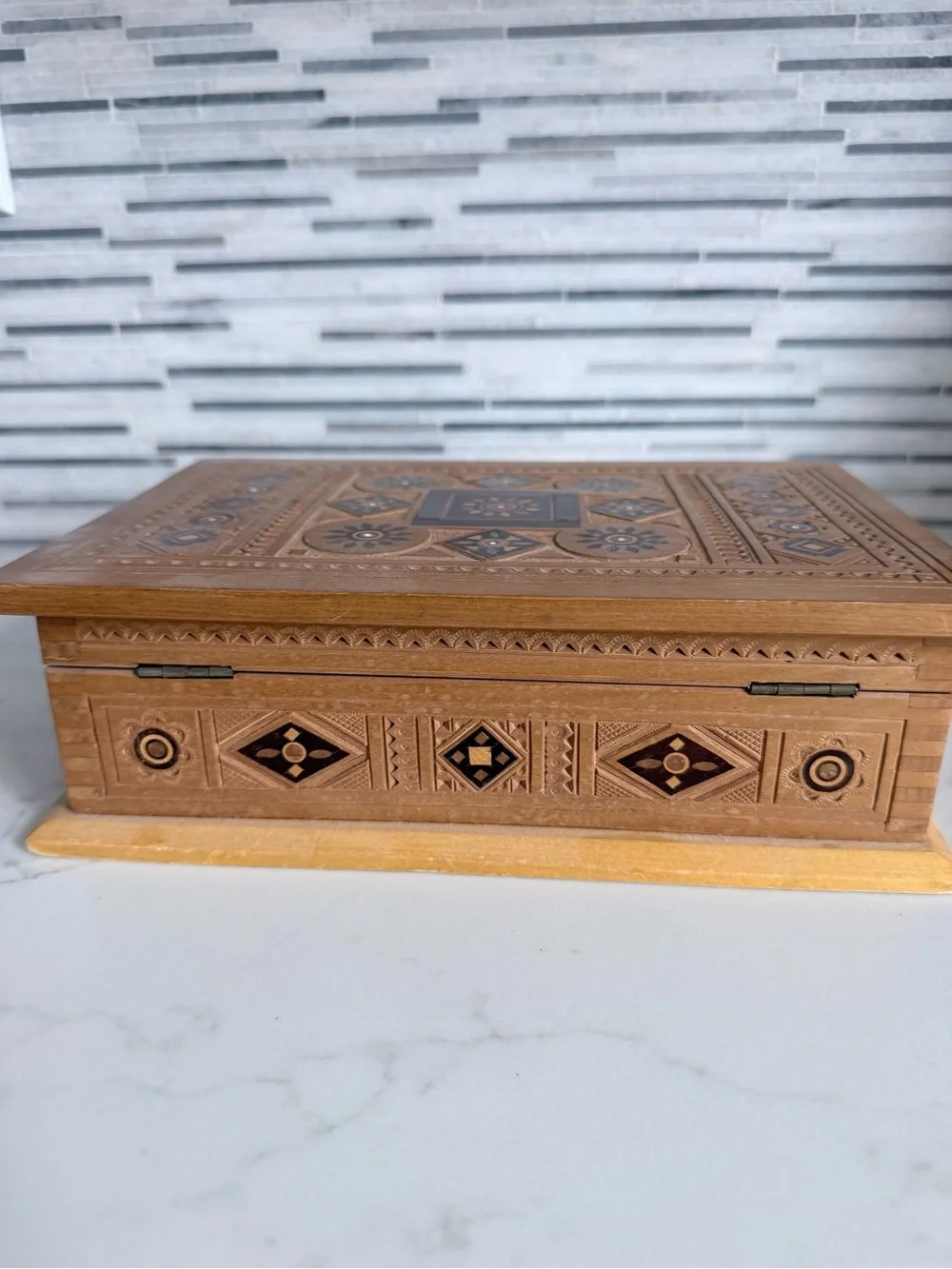 Vintage Hand Made Carved Wood Inlay Decorative Box - Brown & Black Accent